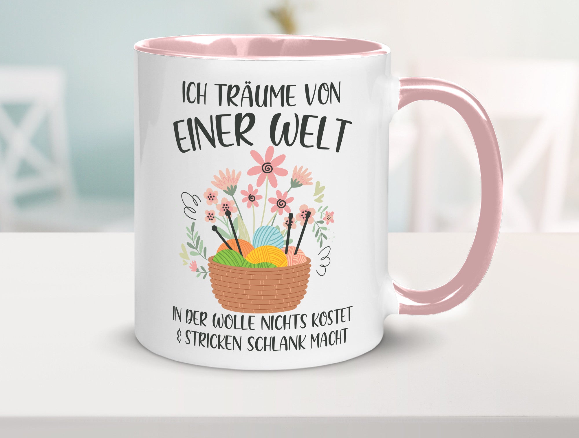 Träume von Wolle die nichts kostet | Korb Strick Blumen lustiger Spruch