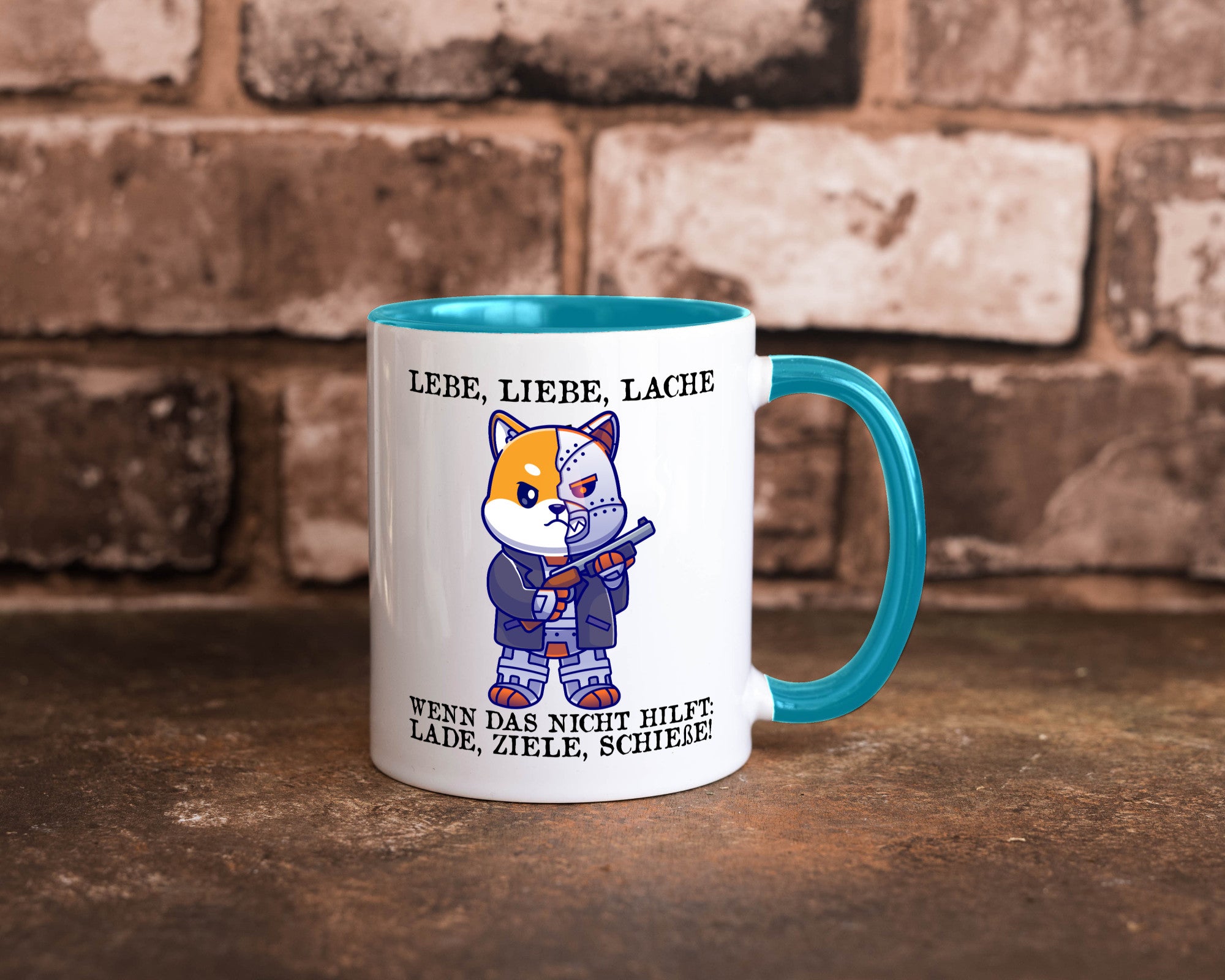 Lebe Liebe Lache | Sarkasmus Katze mit Gewehr Comic Geschenk Tierliebhaber