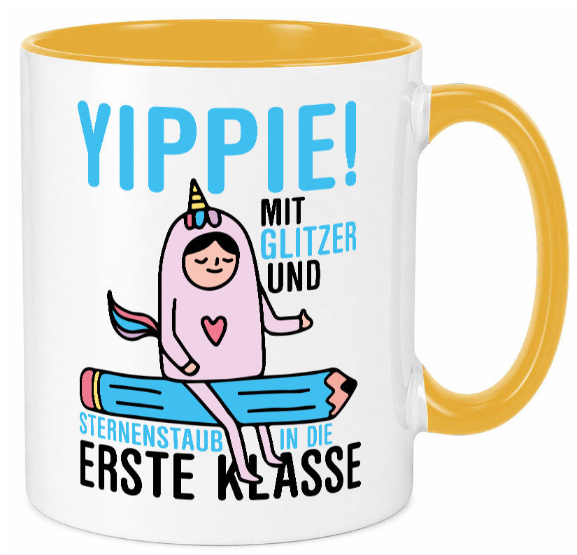 Mit Glitzer und Sternenstaub | Einschulung Einhorn lustiger Spruch Geschenk Tasse