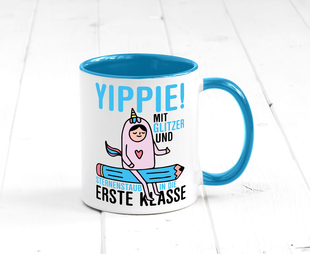 Mit Glitzer und Sternenstaub | Einschulung Einhorn lustiger Spruch Geschenk Tasse