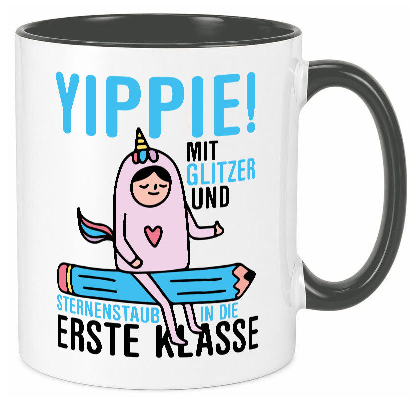 Mit Glitzer und Sternenstaub | Einschulung Einhorn lustiger Spruch Geschenk Tasse