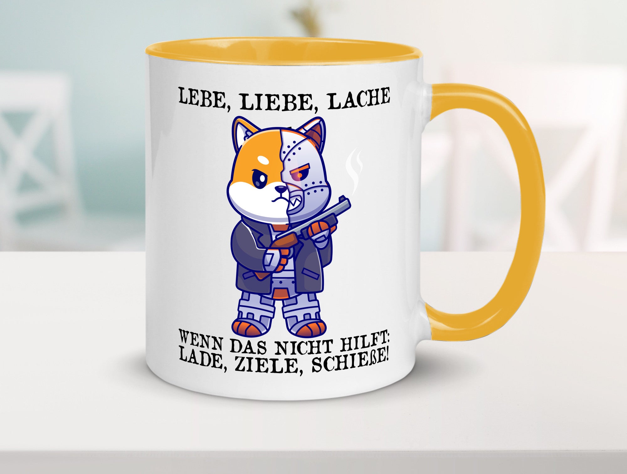 Lebe Liebe Lache | Sarkasmus Katze mit Gewehr Comic Geschenk Tierliebhaber