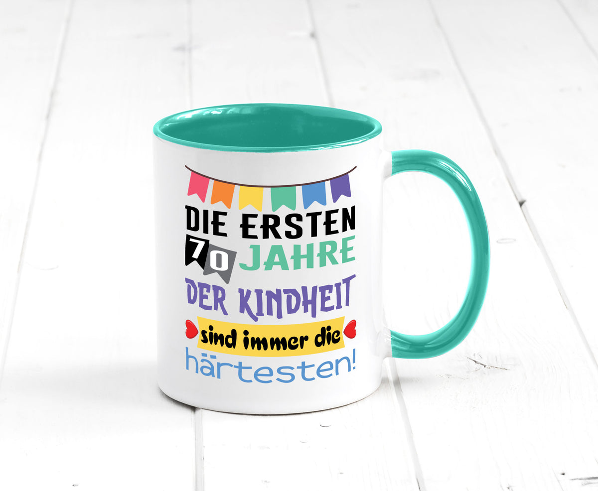 Die ersten 70 Jahre der Kindheit | 70. Geburtstag Rentner Humor Ruhestand Tasse