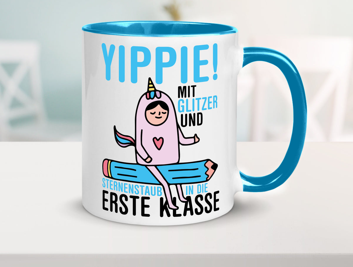 Mit Glitzer und Sternenstaub | Einschulung Einhorn lustiger Spruch Geschenk Tasse