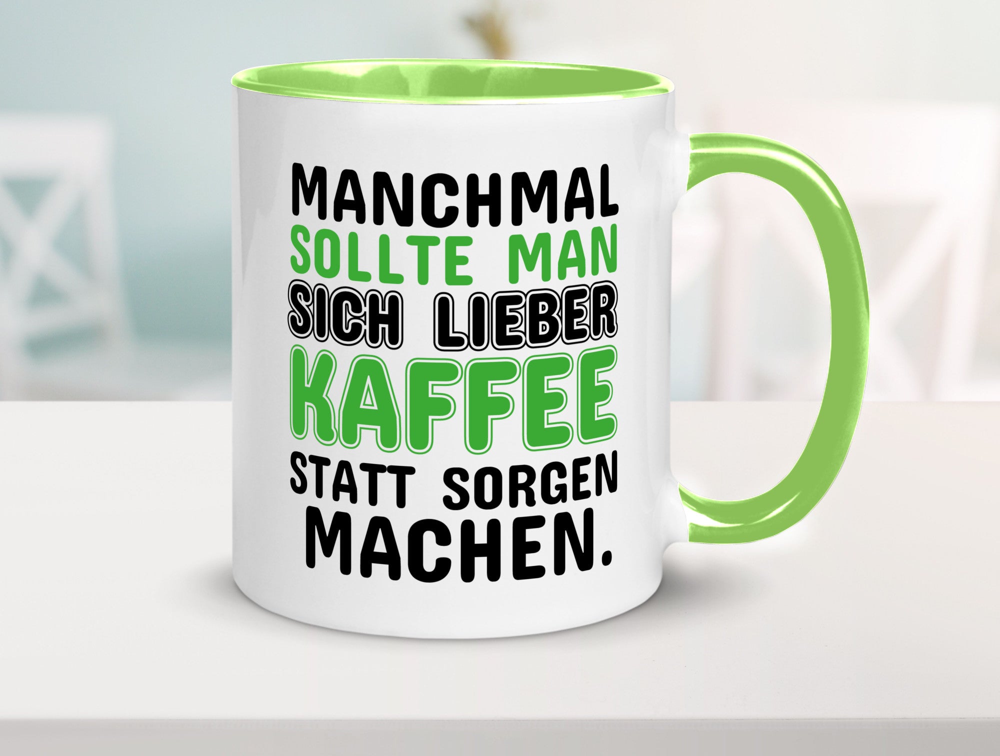 Kaffee statt sorgen lustiger Spruch Geschenk Humor Geschenkidee Tasse