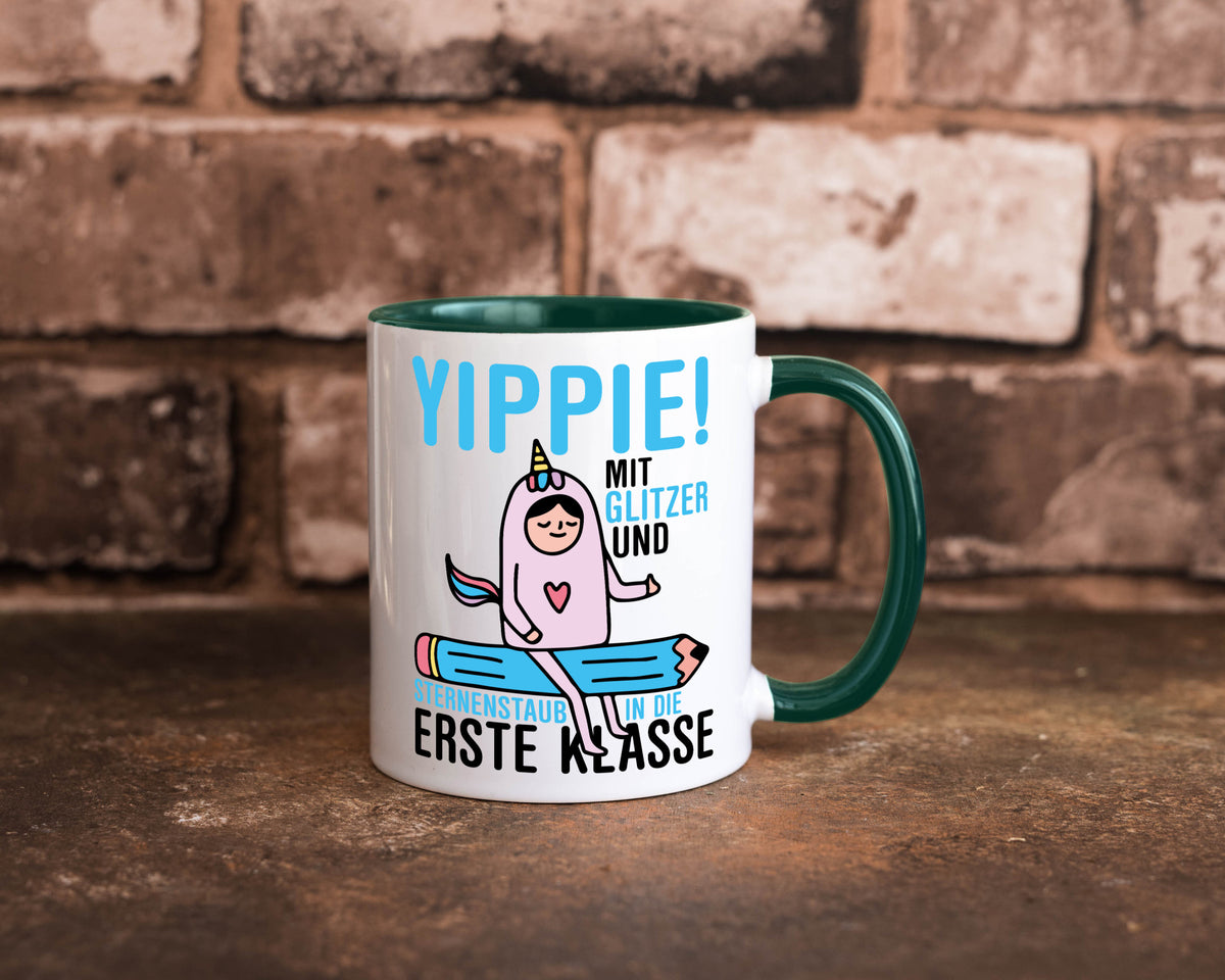Mit Glitzer und Sternenstaub | Einschulung Einhorn lustiger Spruch Geschenk Tasse