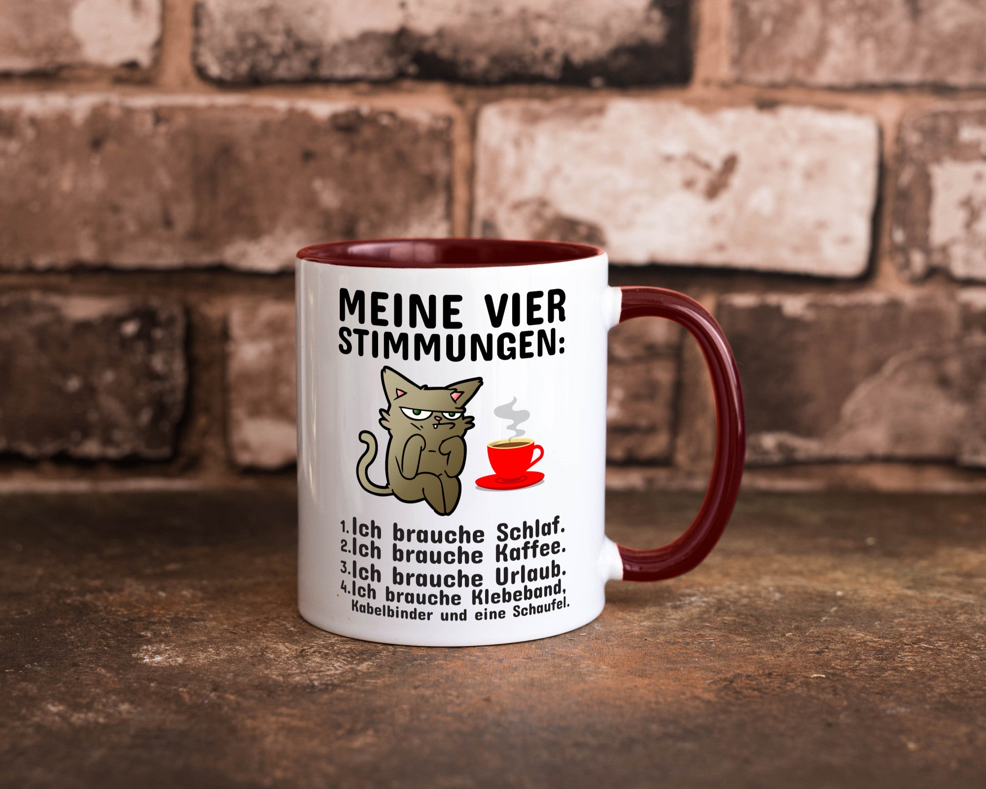 Vier Stimmungen | Morgenmuffel Tasse mürrische Katze Humor Tierliebhaber