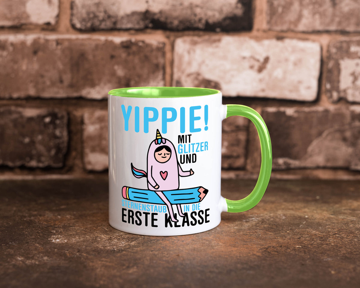 Mit Glitzer und Sternenstaub | Einschulung Einhorn lustiger Spruch Geschenk Tasse