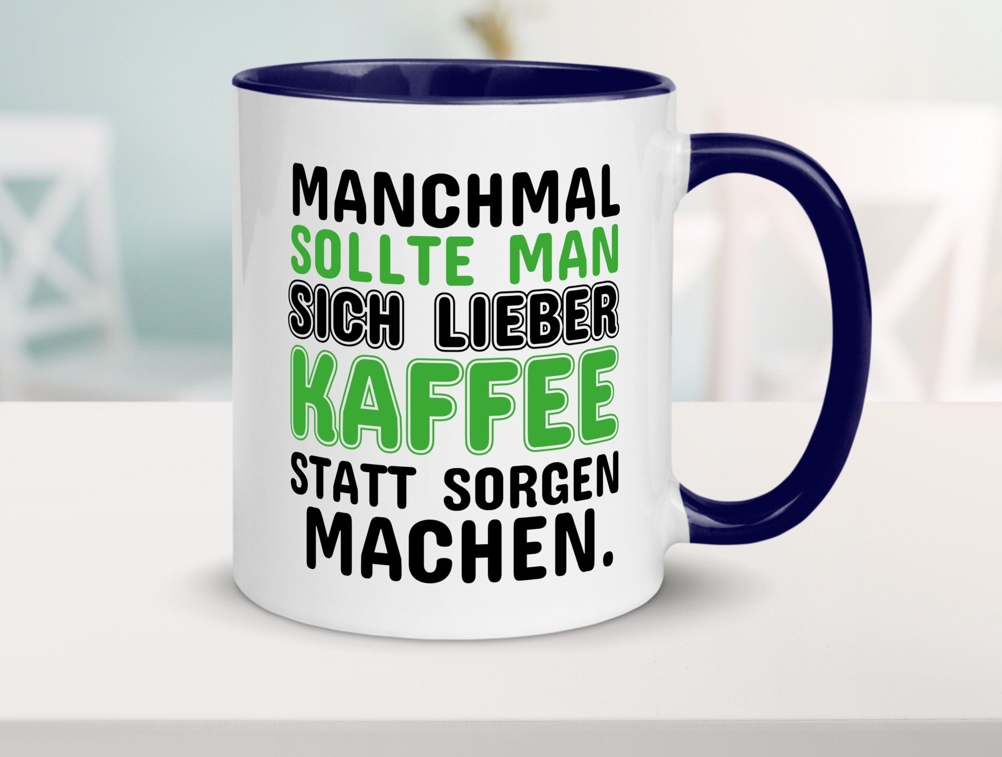 Kaffee statt sorgen lustiger Spruch Geschenk Humor Geschenkidee Tasse