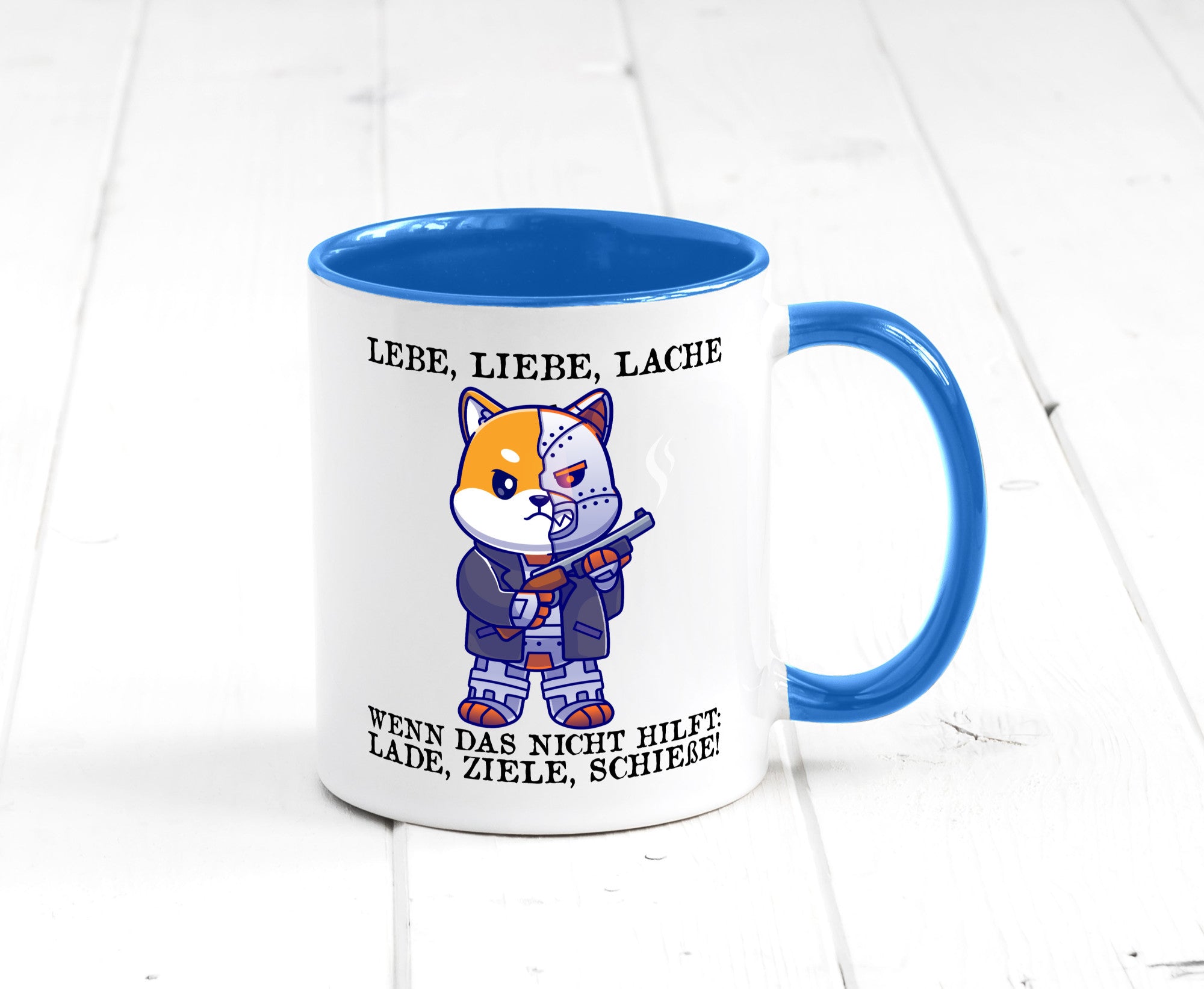 Lebe Liebe Lache | Sarkasmus Katze mit Gewehr Comic Geschenk Tierliebhaber