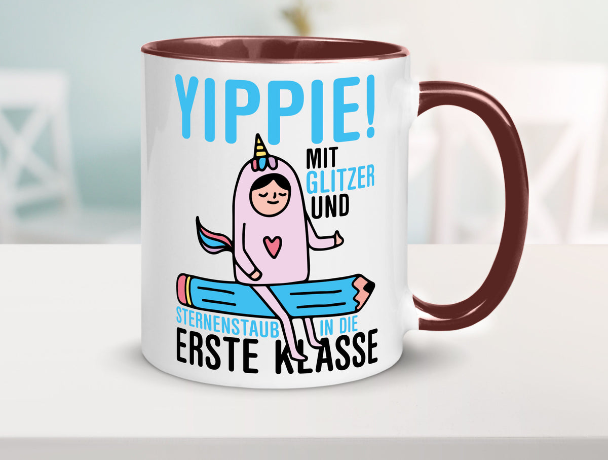 Mit Glitzer und Sternenstaub | Einschulung Einhorn lustiger Spruch Geschenk Tasse