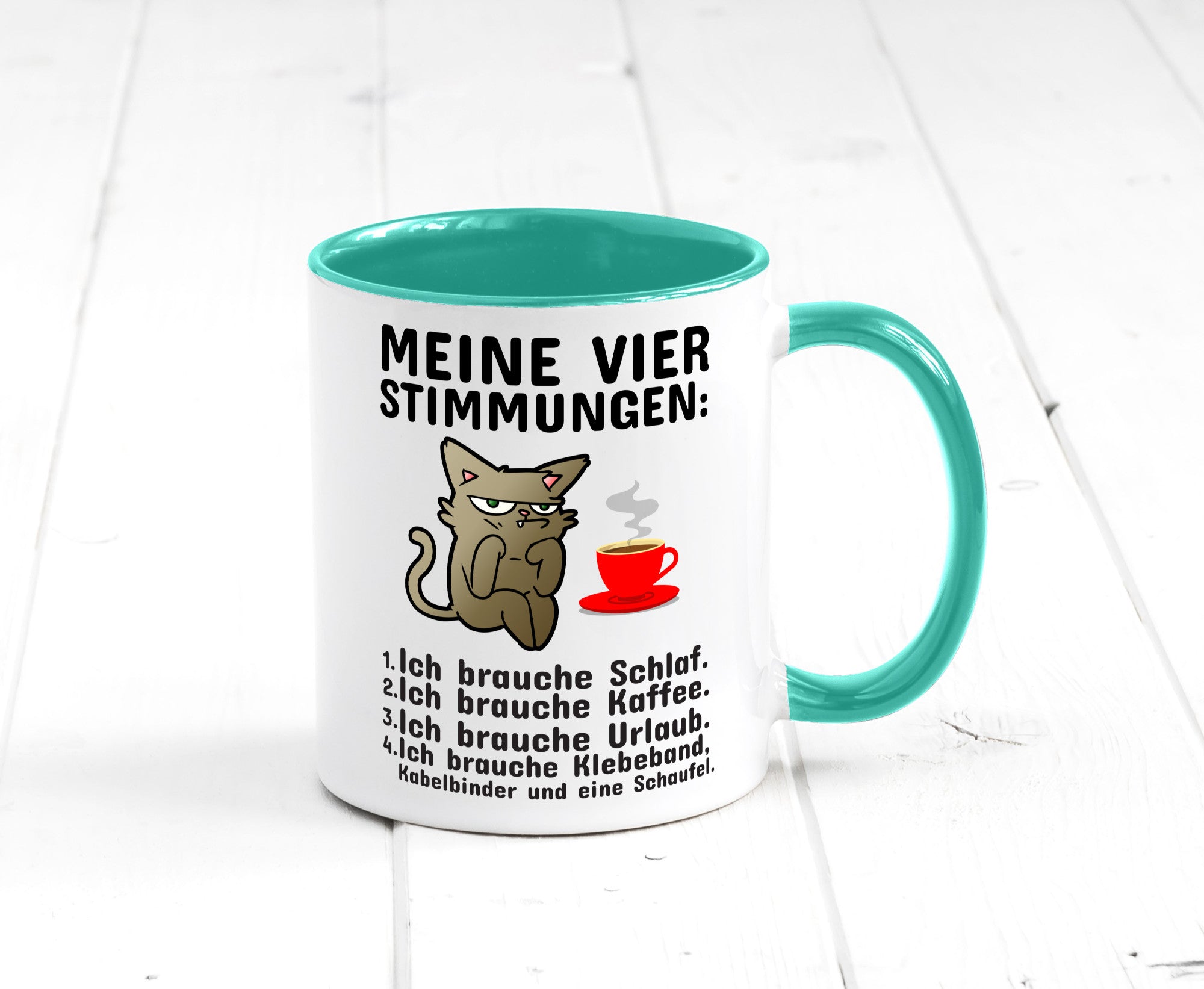 Vier Stimmungen | Morgenmuffel Tasse mürrische Katze Humor Tierliebhaber