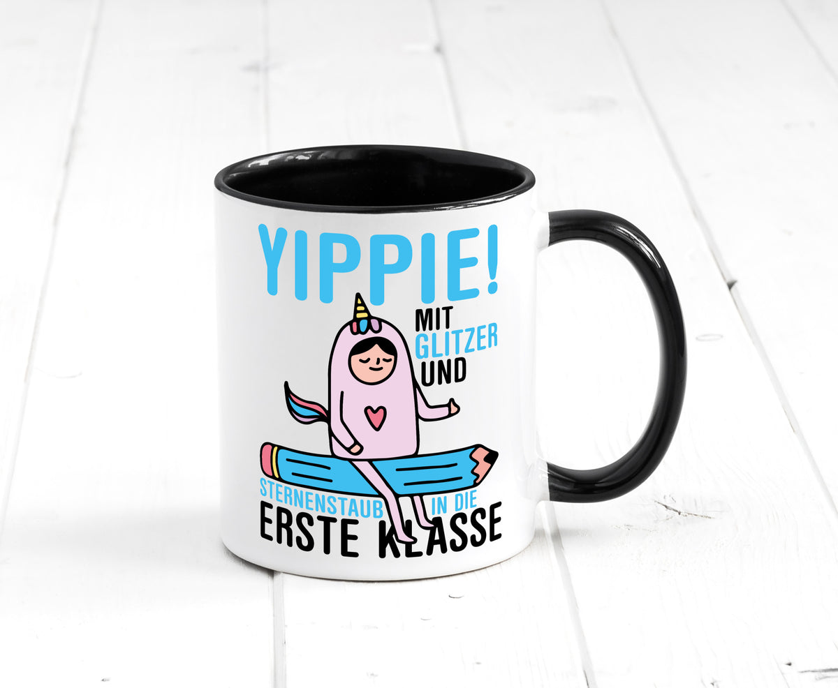 Mit Glitzer und Sternenstaub | Einschulung Einhorn lustiger Spruch Geschenk Tasse