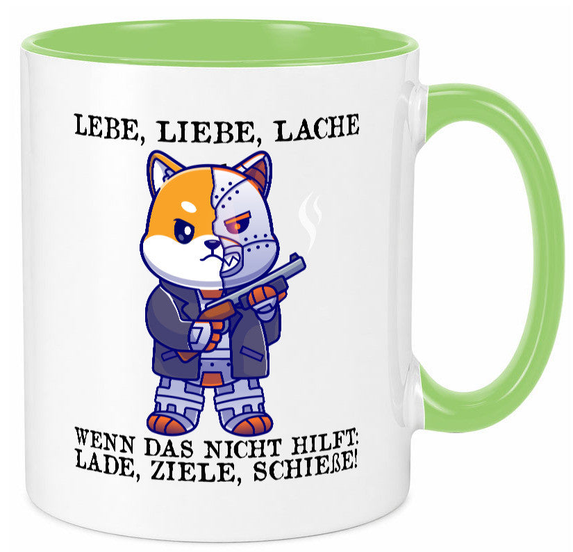 Lebe Liebe Lache | Sarkasmus Katze mit Gewehr Comic Geschenk Tierliebhaber