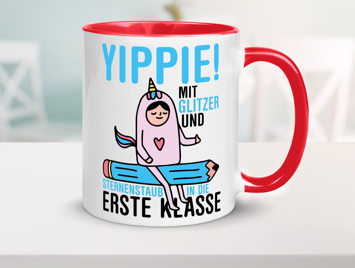 Mit Glitzer und Sternenstaub | Einschulung Einhorn lustiger Spruch Geschenk Tasse