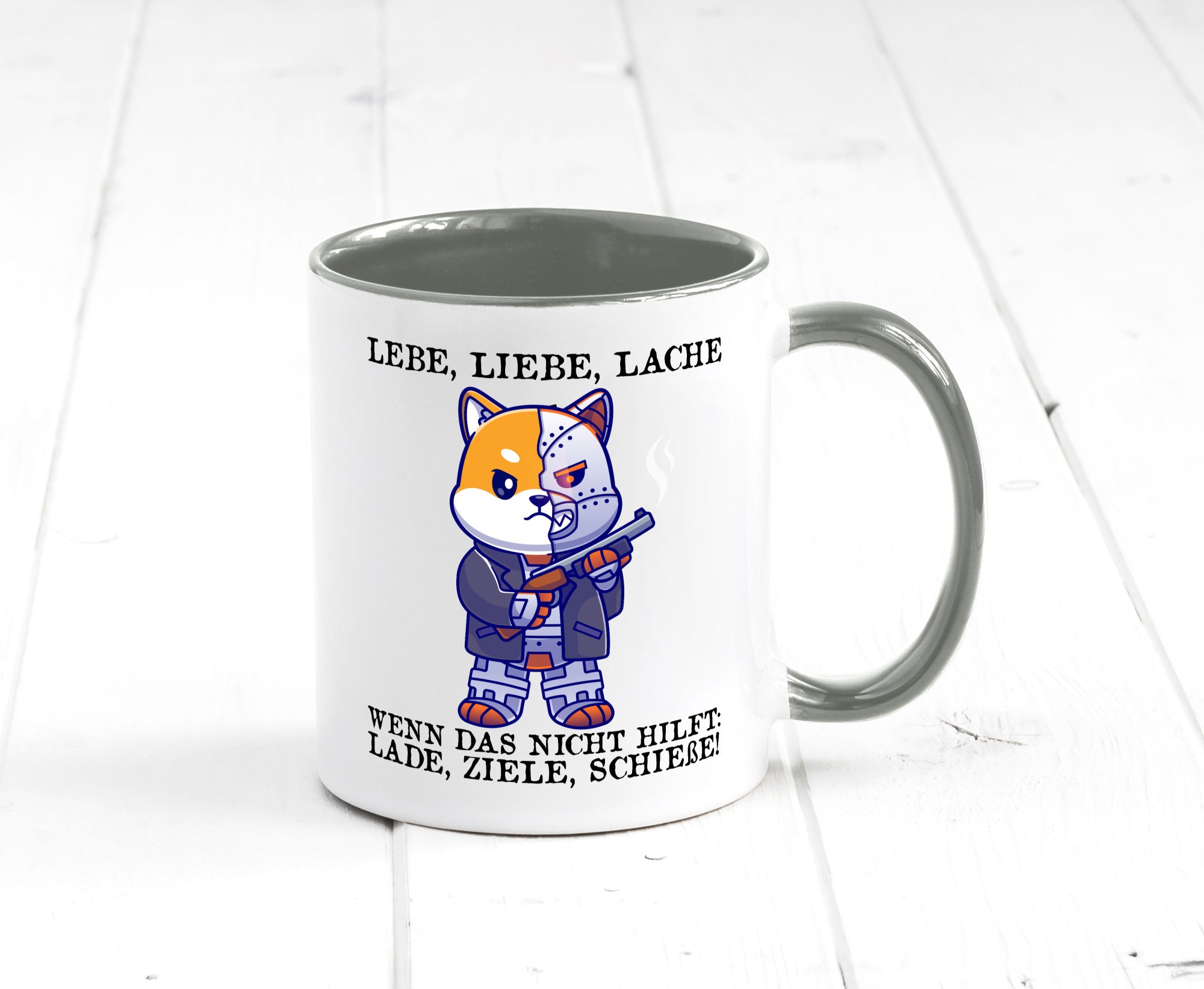 Lebe Liebe Lache | Sarkasmus Katze mit Gewehr Comic Geschenk Tierliebhaber