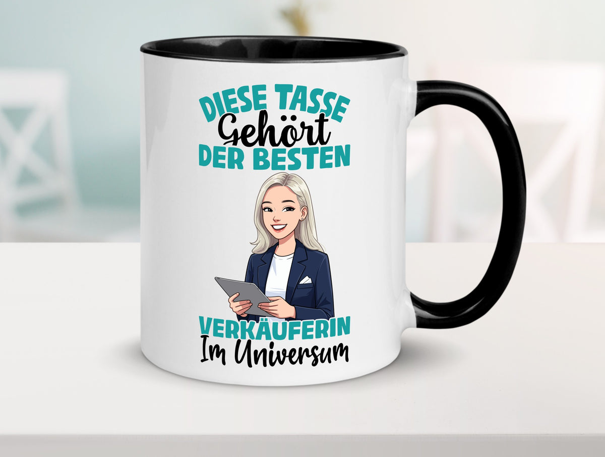 Im Universum: Verkäuferin| Kollegin | Verkaufsjob lustiger Spruch Geschenk Tasse