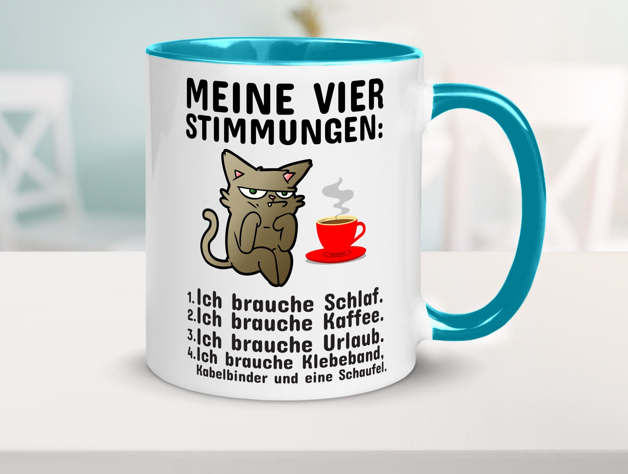 Vier Stimmungen | Morgenmuffel Tasse mürrische Katze Humor Tierliebhaber