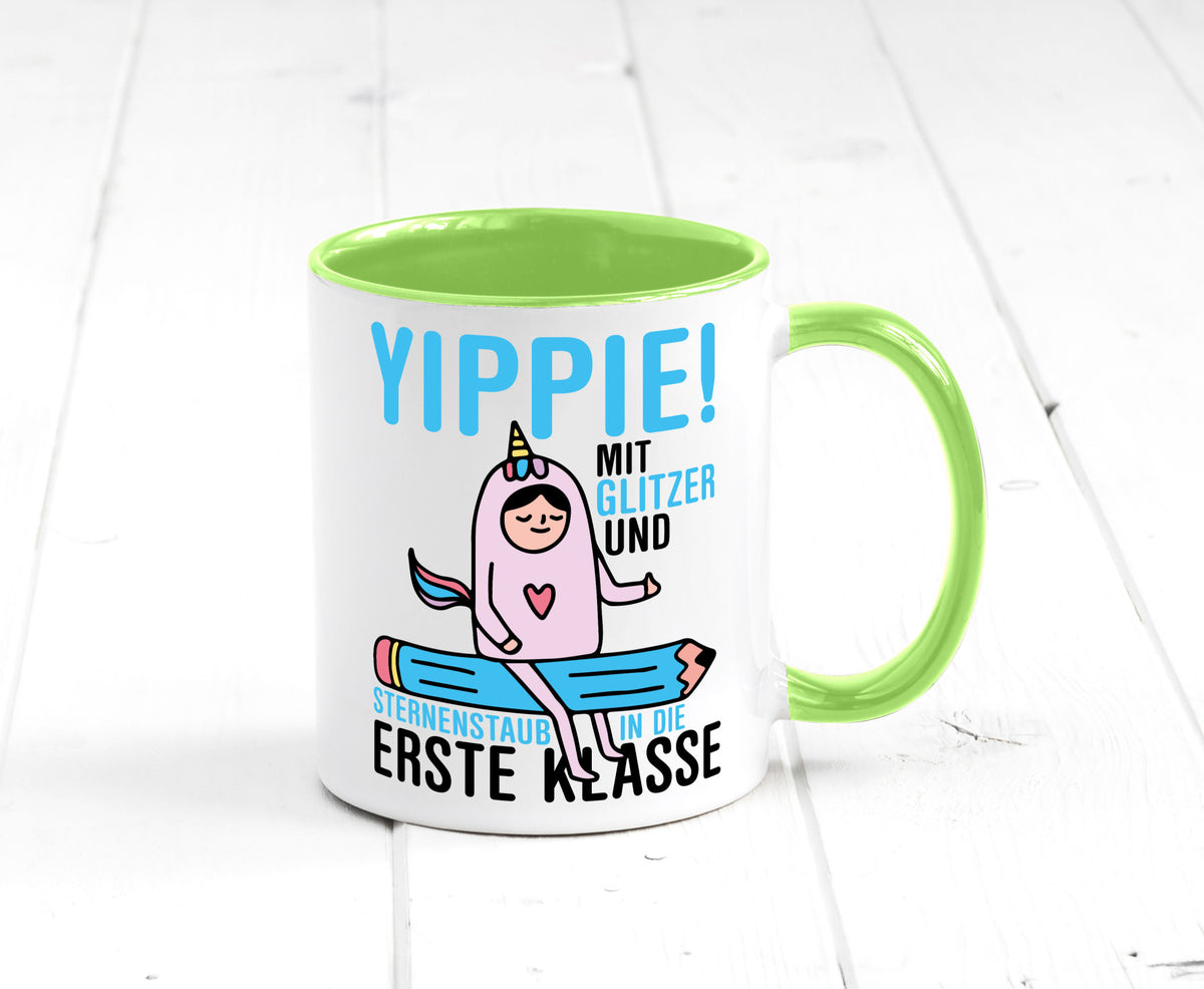 Mit Glitzer und Sternenstaub | Einschulung Einhorn lustiger Spruch Geschenk Tasse