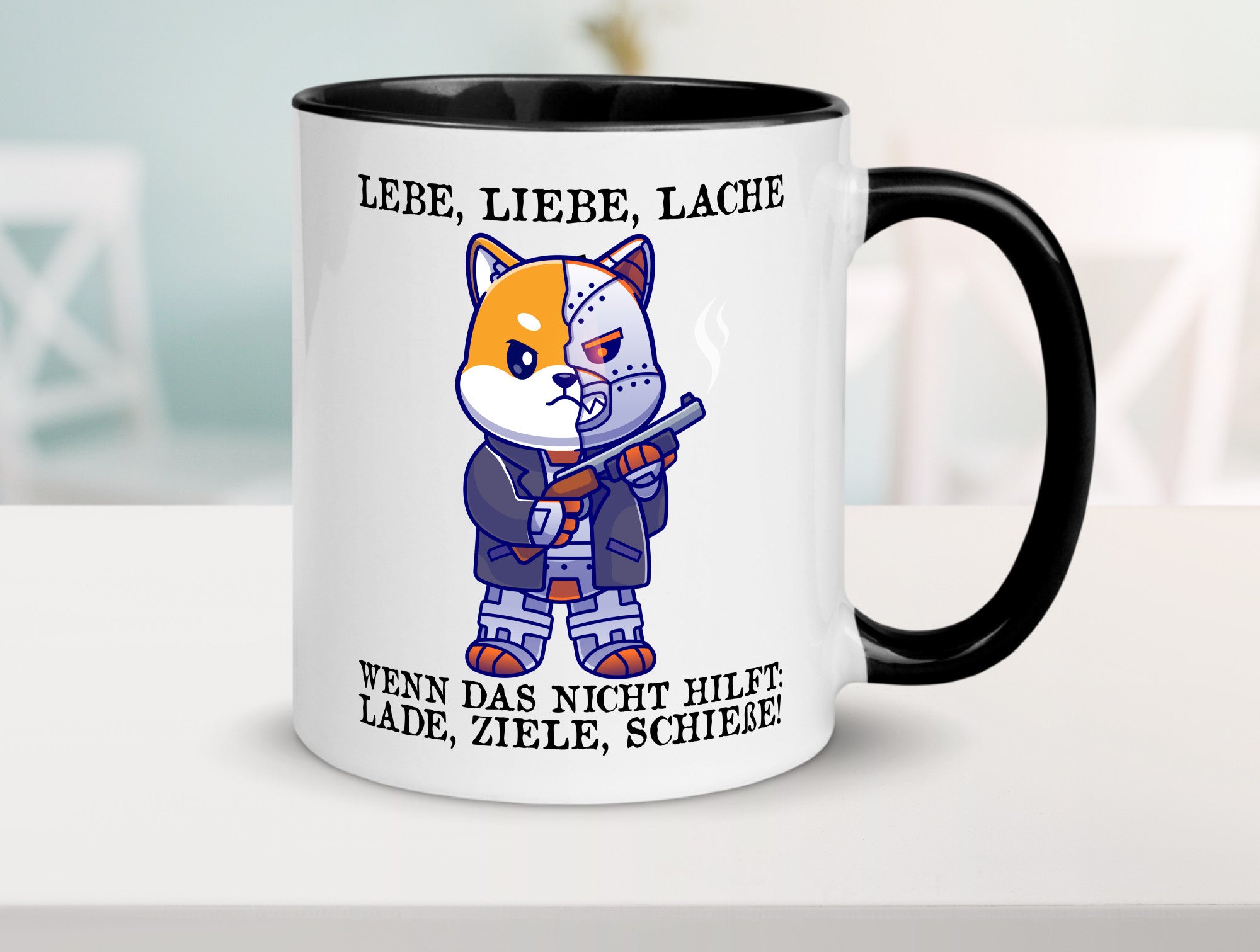 Lebe Liebe Lache | Sarkasmus Katze mit Gewehr Comic Geschenk Tierliebhaber