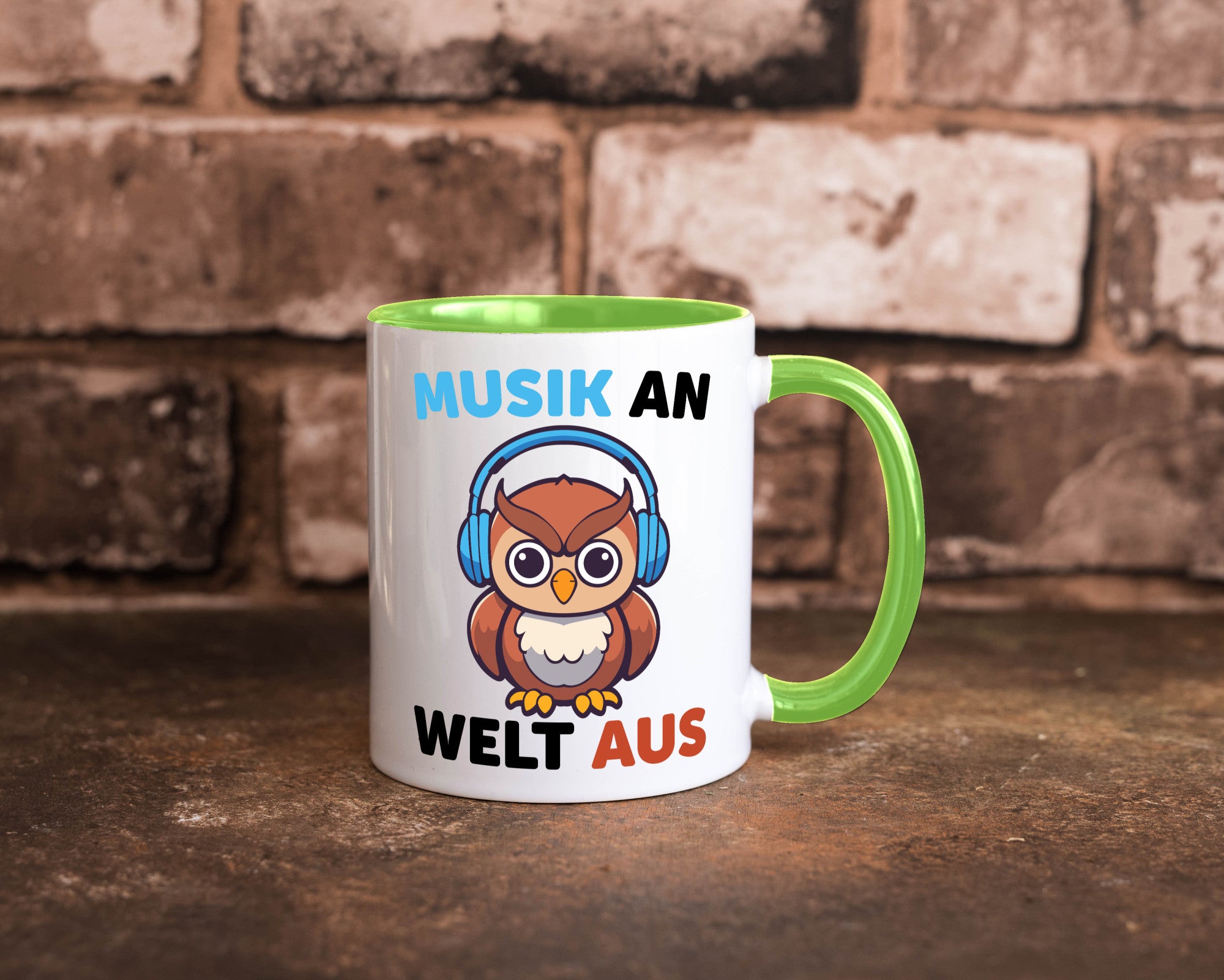Musik an Welt aus | Eule hört lustiger Spruch Geschenk Humor Geschenkidee Tasse