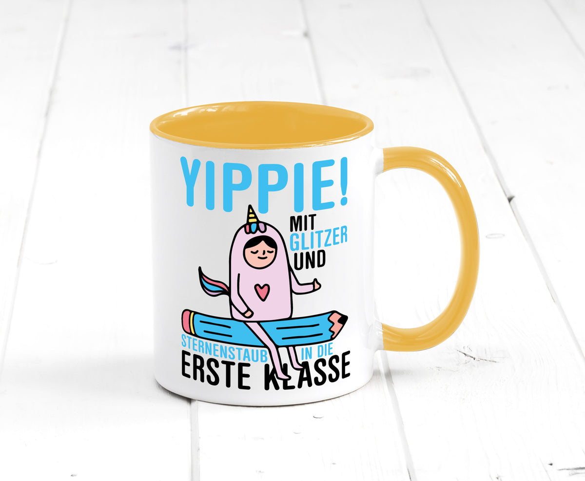 Mit Glitzer und Sternenstaub | Einschulung Einhorn lustiger Spruch Geschenk Tasse