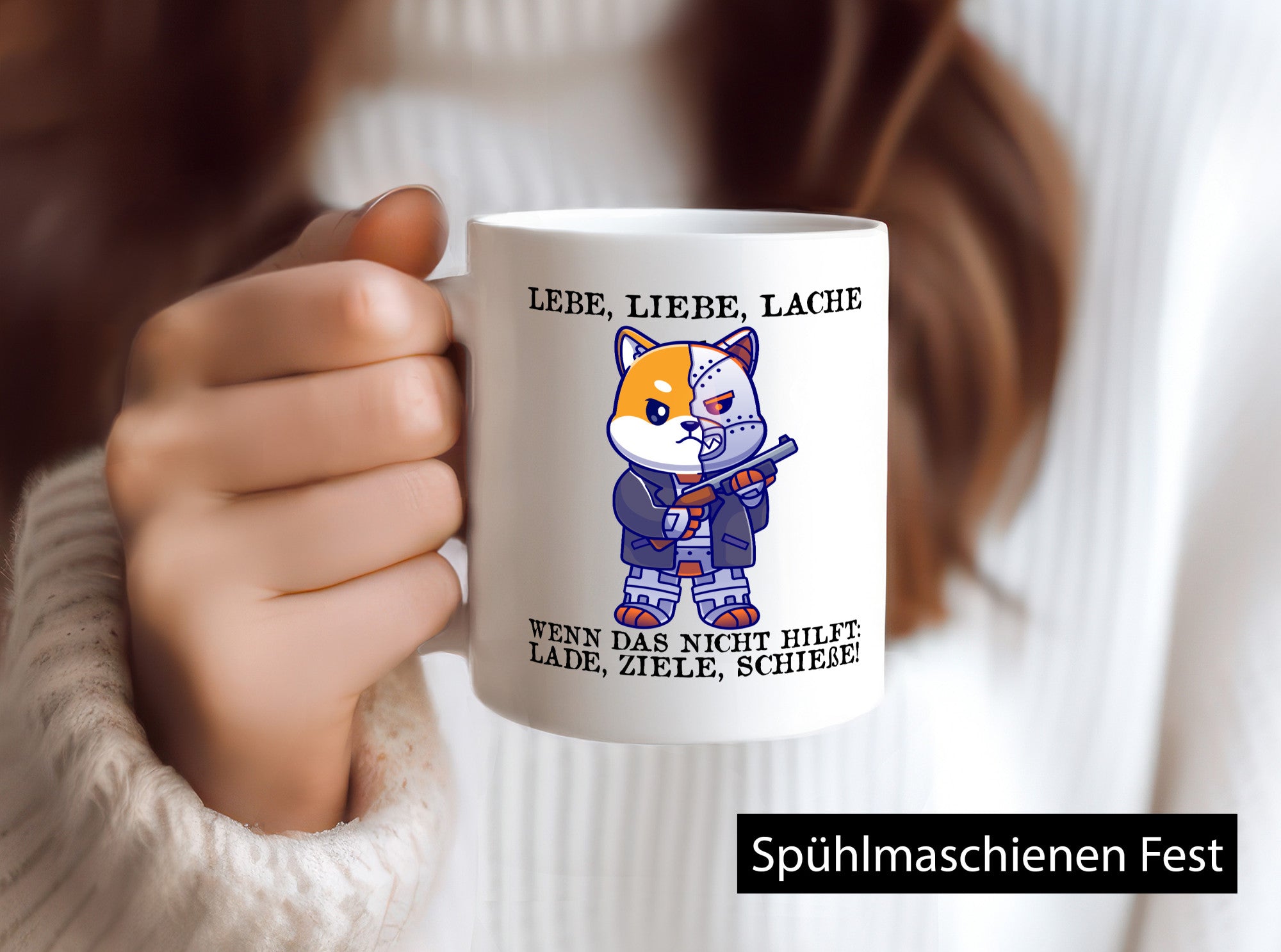 Lebe Liebe Lache | Sarkasmus Katze mit Gewehr Comic Geschenk Tierliebhaber