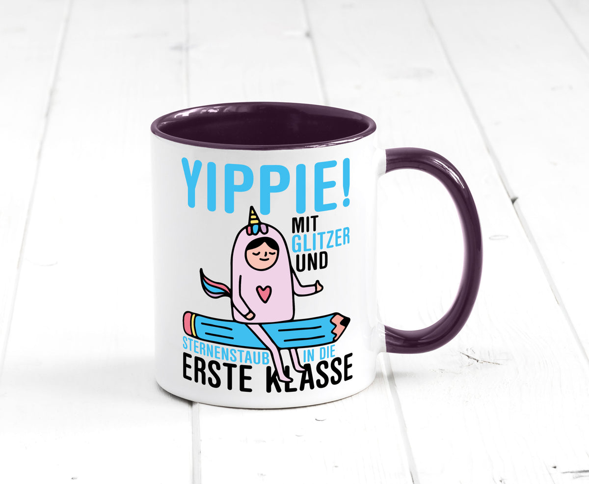 Mit Glitzer und Sternenstaub | Einschulung Einhorn lustiger Spruch Geschenk Tasse