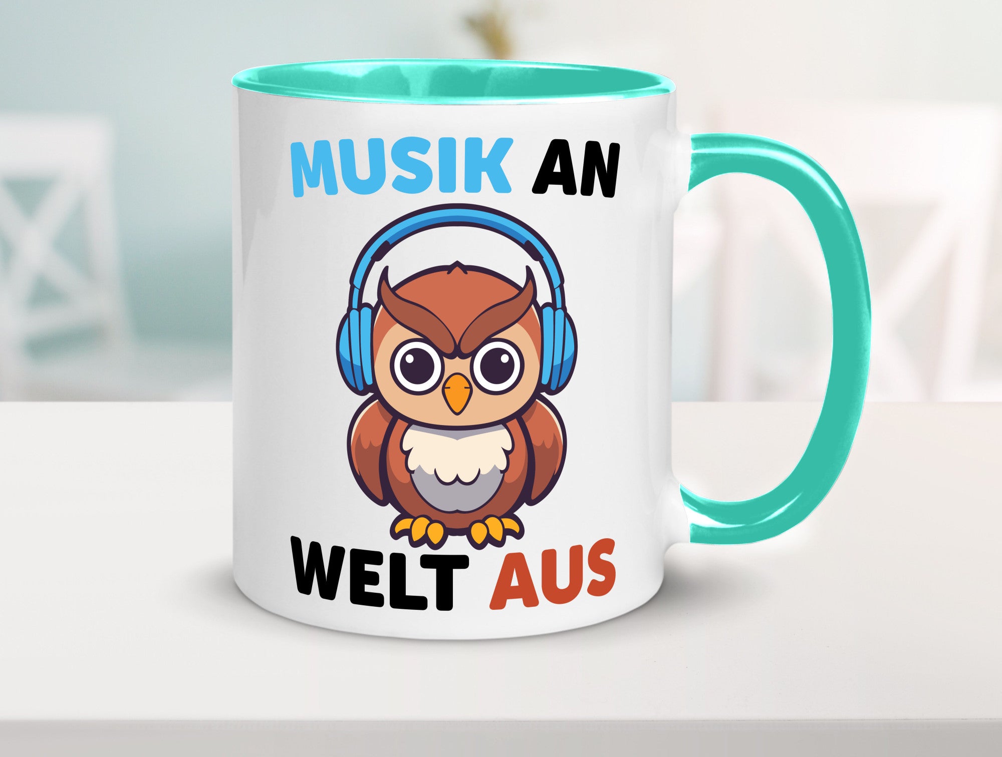 Musik an Welt aus | Eule hört lustiger Spruch Geschenk Humor Geschenkidee Tasse