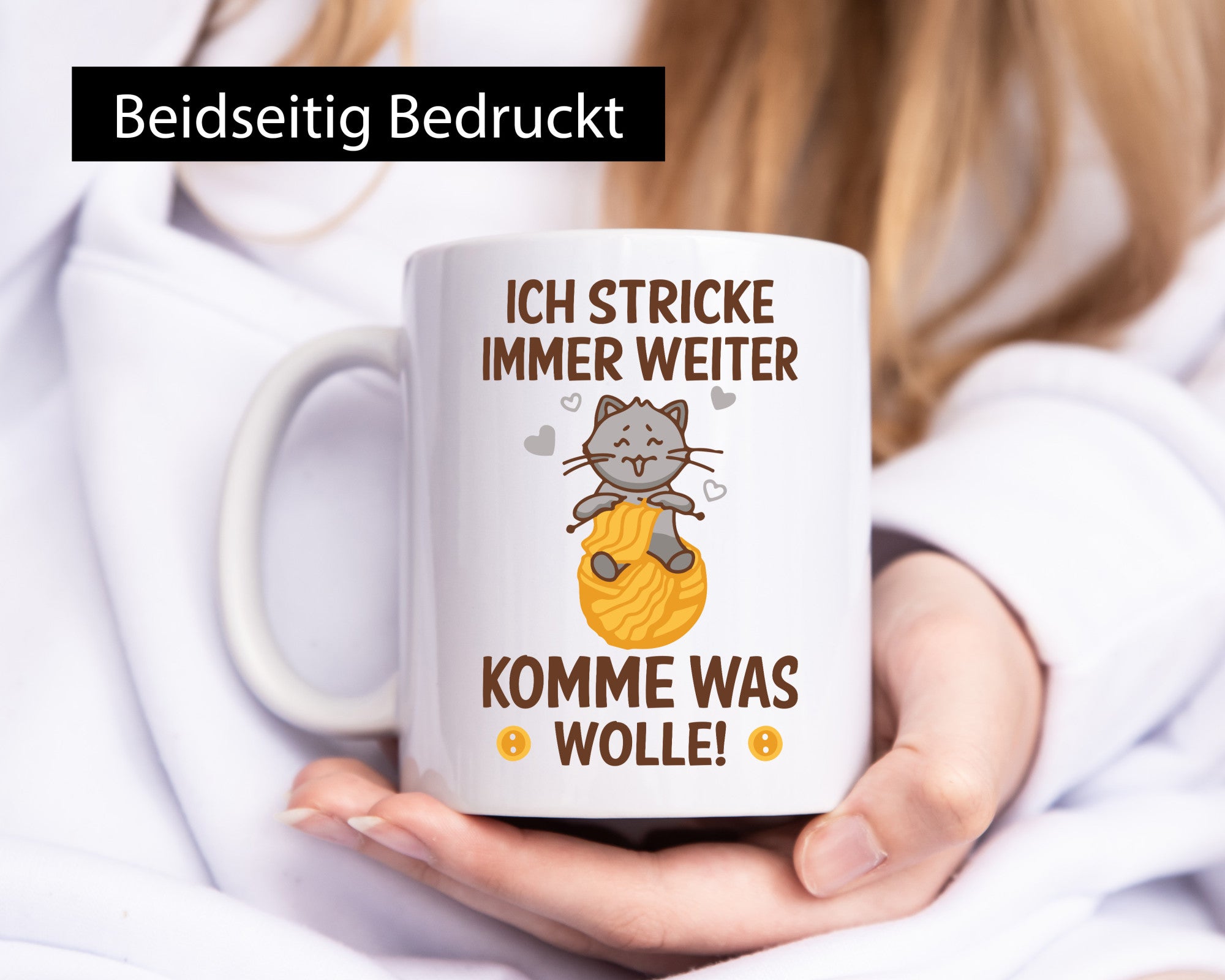 Stricke immer weiter, komme was wolle | Knöpfe Katze lustig Tierliebhaber Humor