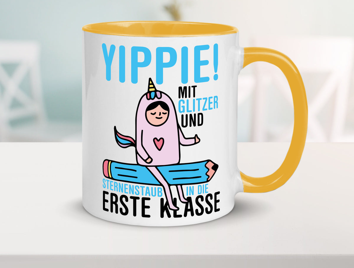 Mit Glitzer und Sternenstaub | Einschulung Einhorn lustiger Spruch Geschenk Tasse