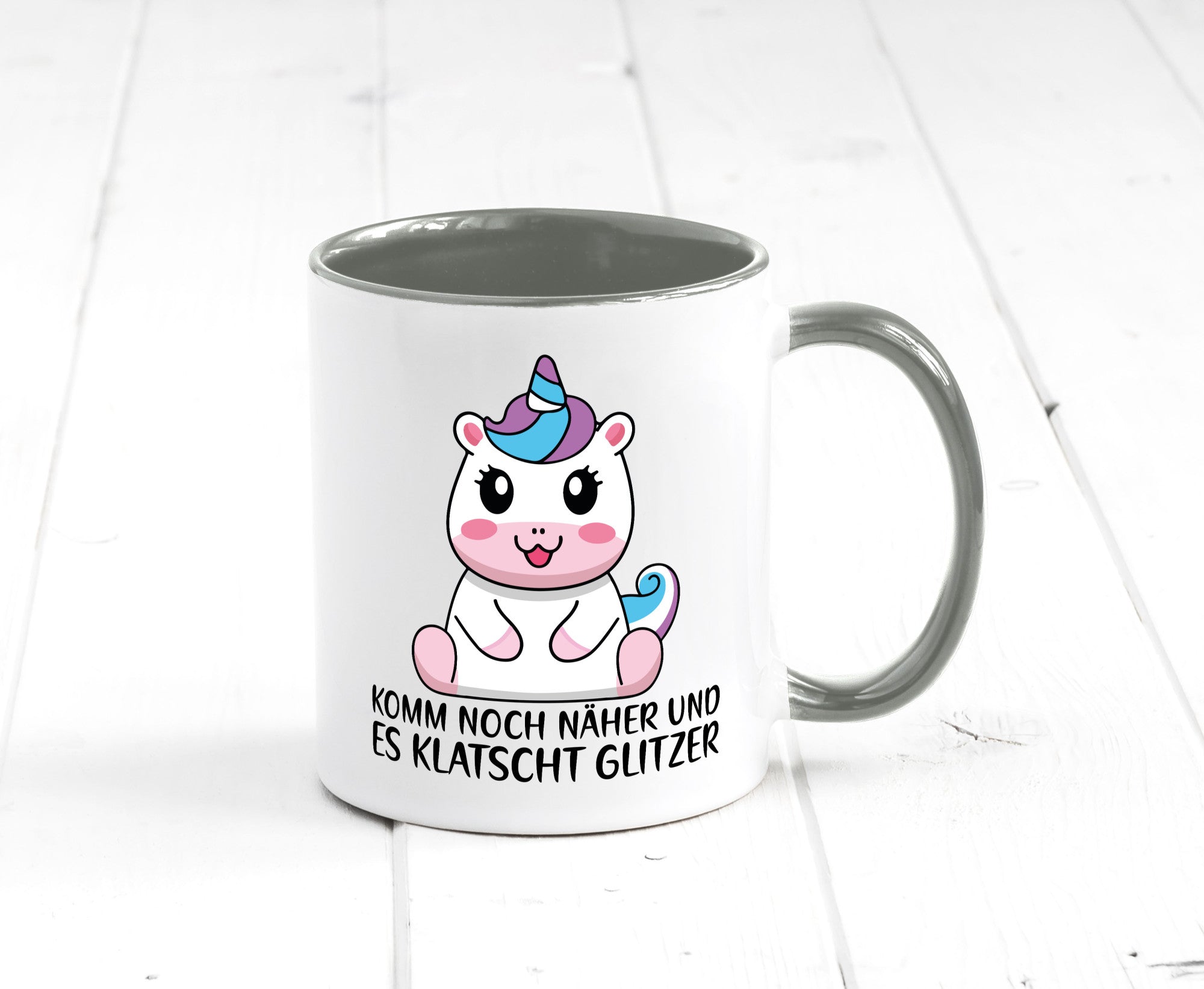 Komm näher und es klatscht Glitzer | Humor Einhorn Geschenkidee Tasse