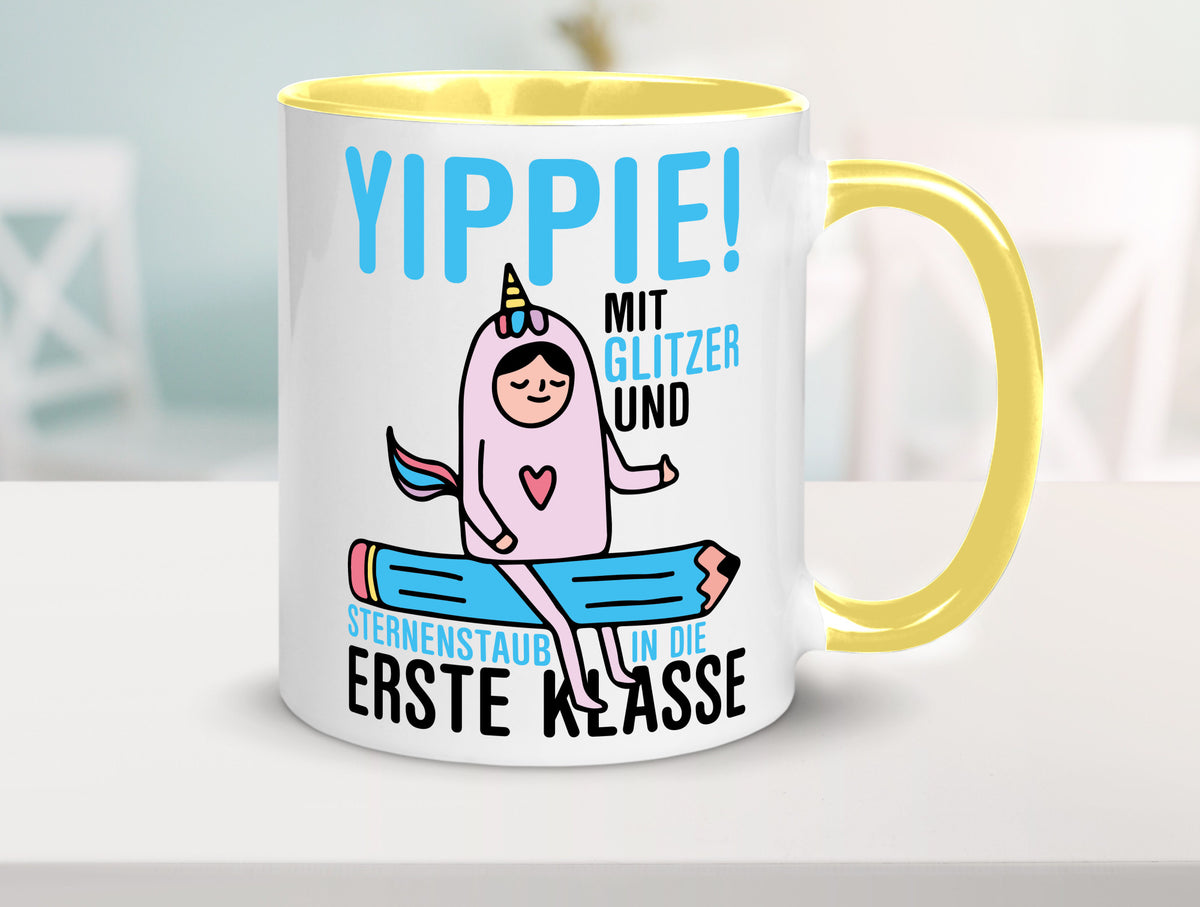 Mit Glitzer und Sternenstaub | Einschulung Einhorn lustiger Spruch Geschenk Tasse