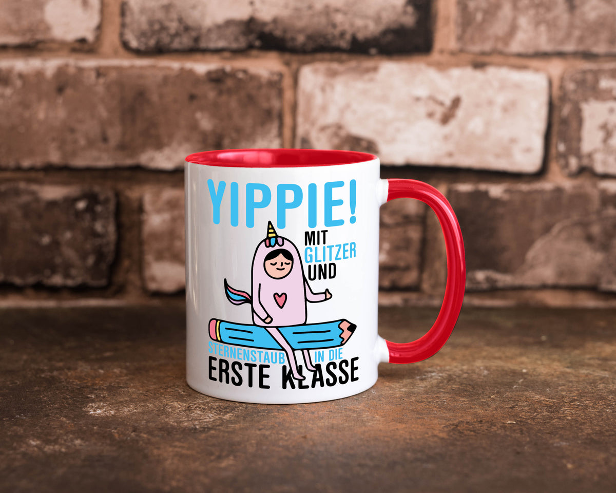 Mit Glitzer und Sternenstaub | Einschulung Einhorn lustiger Spruch Geschenk Tasse