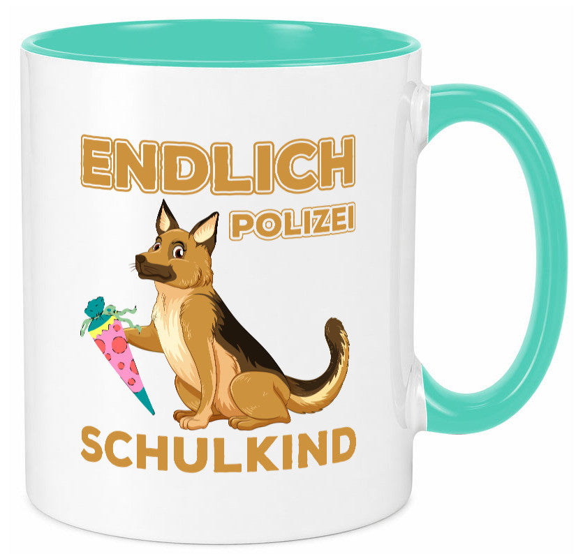 Endlich Schulkind | Tasse Einschulung Polizei Hund lustiger Spruch Geschenk