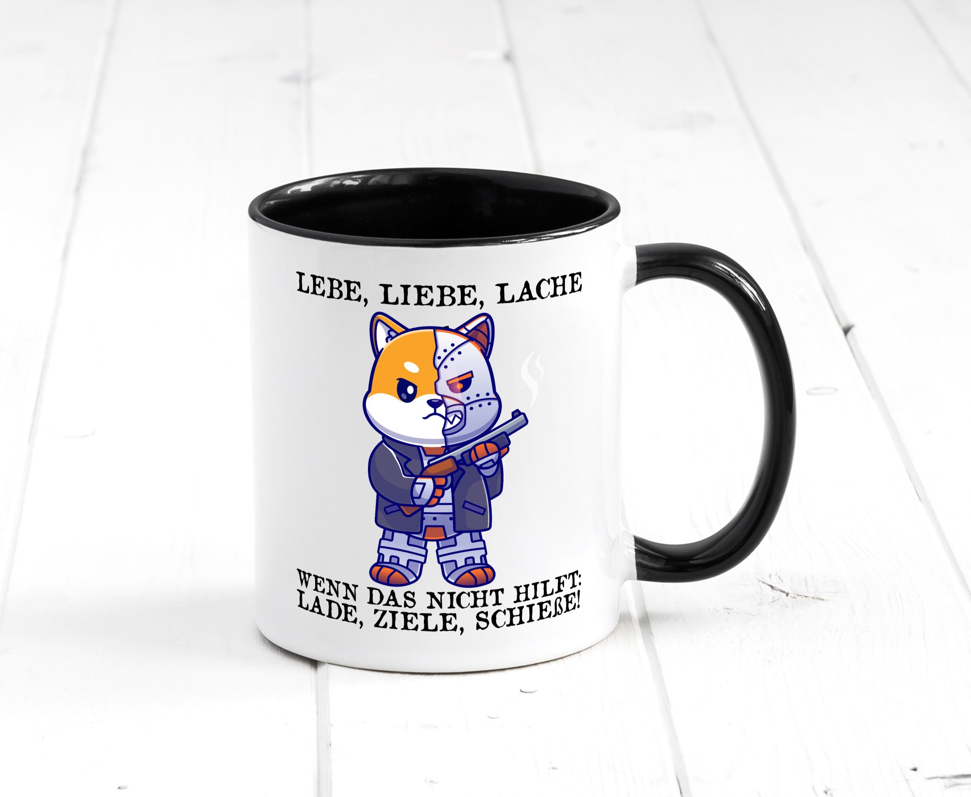 Lebe Liebe Lache | Sarkasmus Katze mit Gewehr Comic Geschenk Tierliebhaber