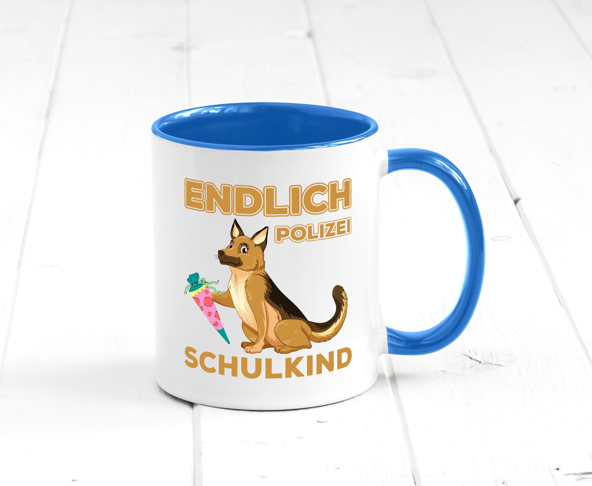 Endlich Schulkind | Tasse Einschulung Polizei Hund lustiger Spruch Geschenk