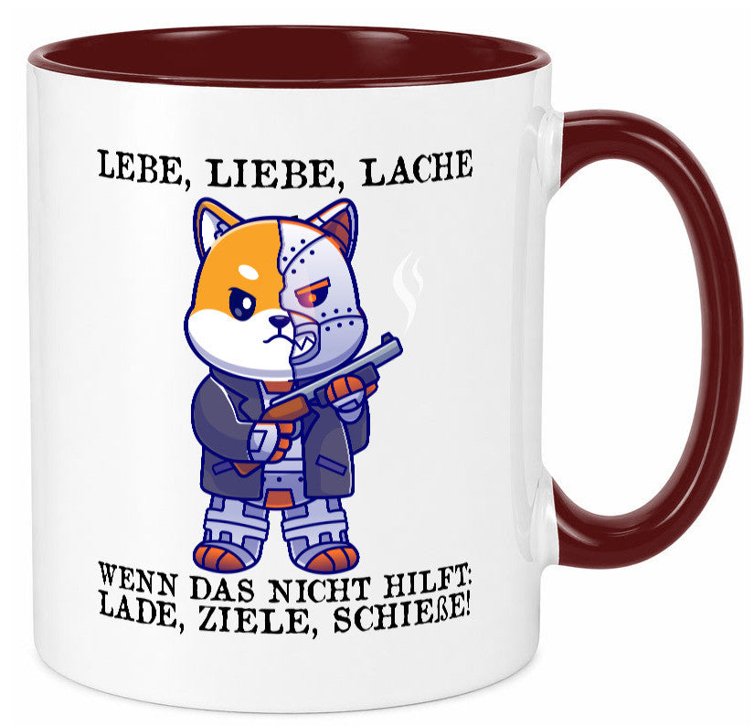 Lebe Liebe Lache | Sarkasmus Katze mit Gewehr Comic Geschenk Tierliebhaber
