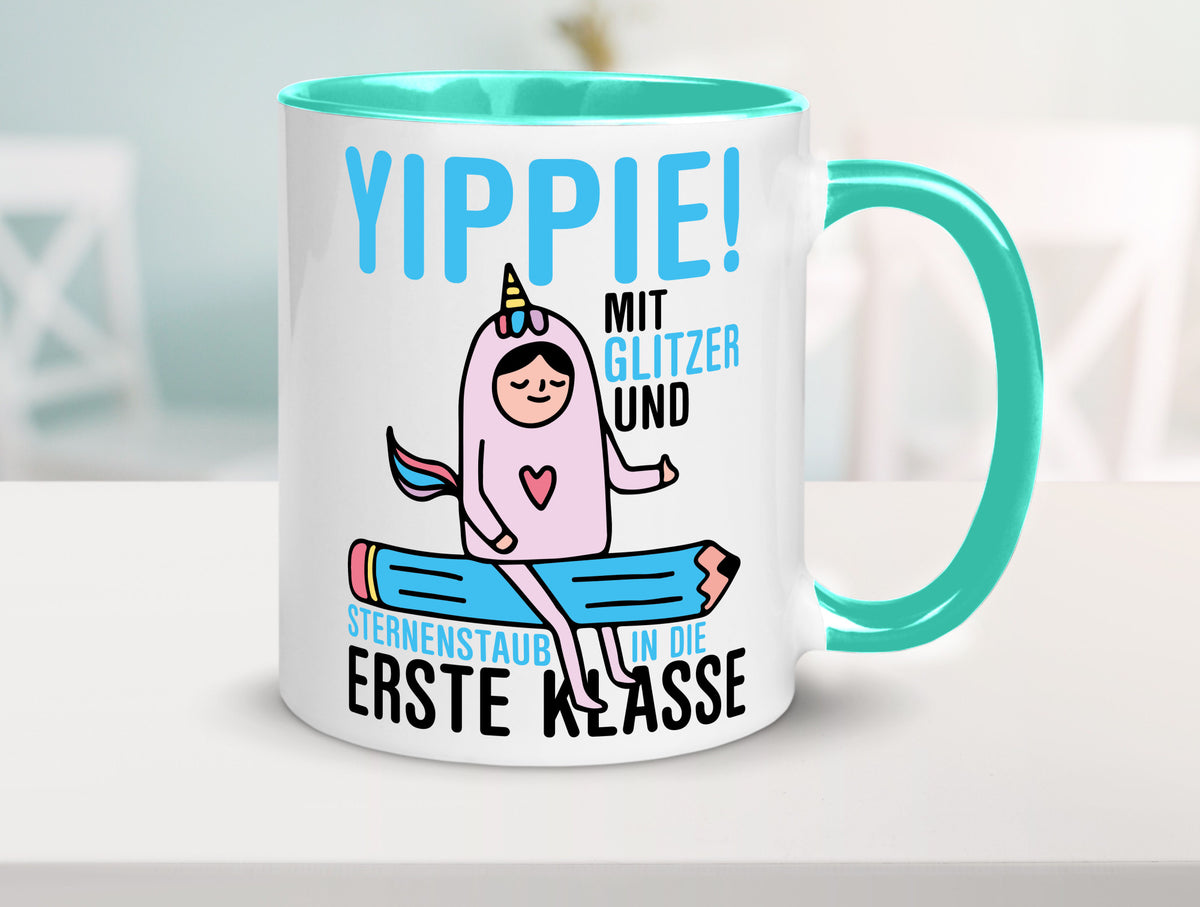 Mit Glitzer und Sternenstaub | Einschulung Einhorn lustiger Spruch Geschenk Tasse