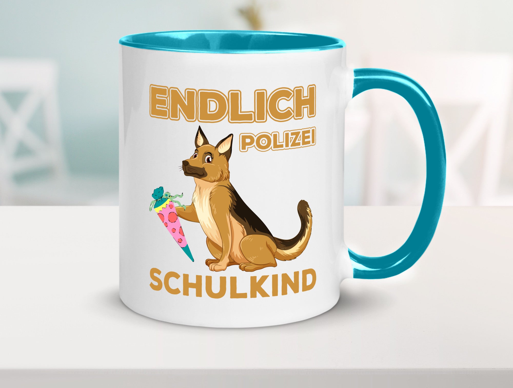 Endlich Schulkind | Tasse Einschulung Polizei Hund lustiger Spruch Geschenk
