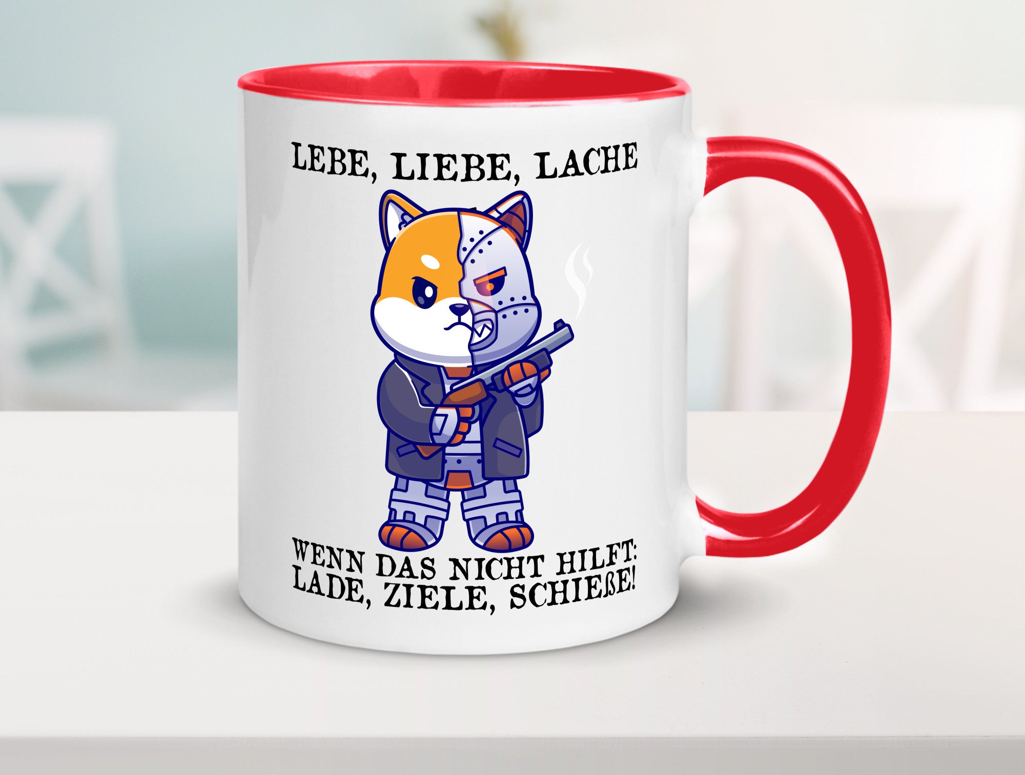 Lebe Liebe Lache | Sarkasmus Katze mit Gewehr Comic Geschenk Tierliebhaber