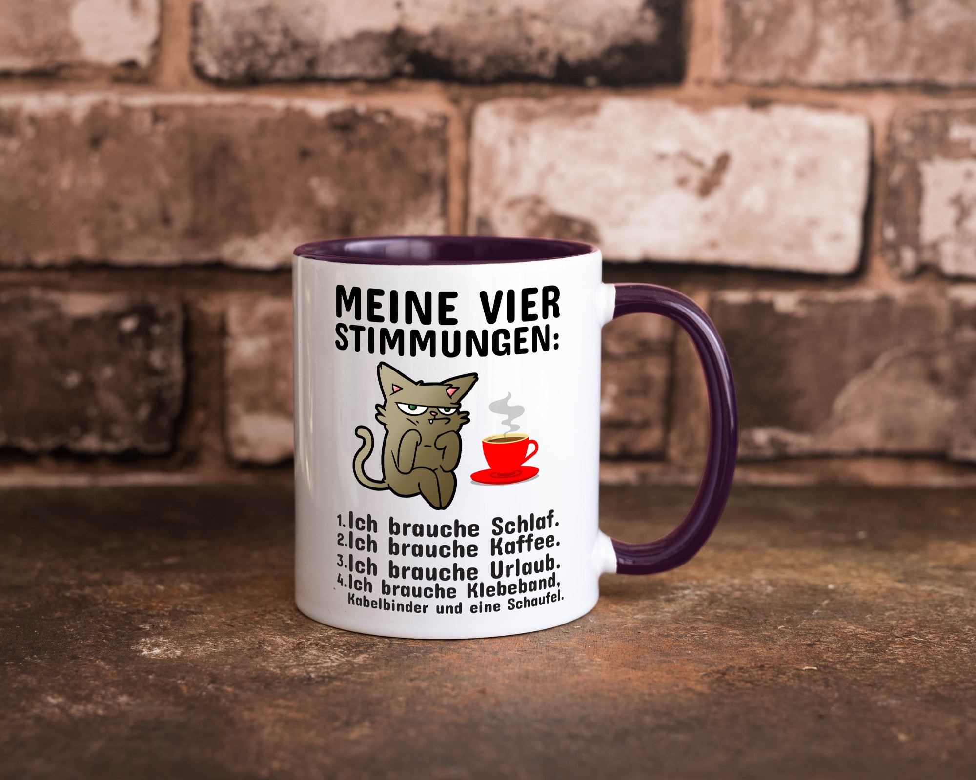 Vier Stimmungen | Morgenmuffel Tasse mürrische Katze Humor Tierliebhaber