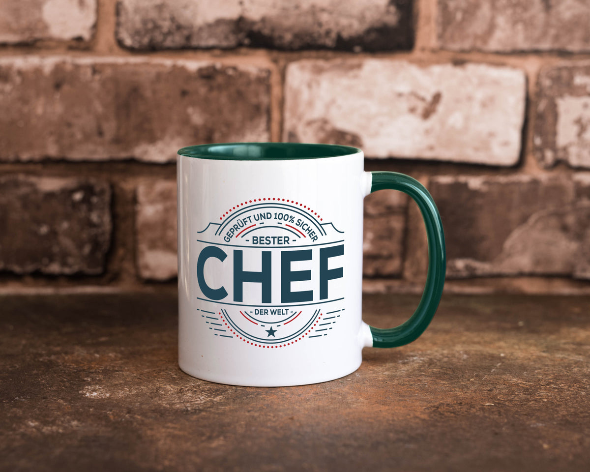 Geprüft und sicher: Chef | Führungskraft Vorgesetzter lustig Arbeit Kollegen Tasse