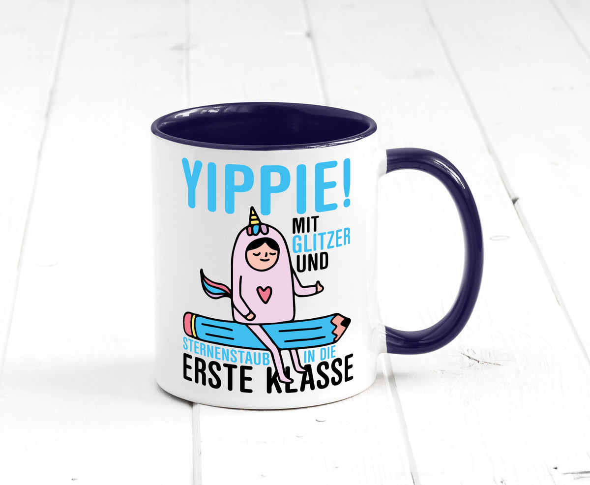 Mit Glitzer und Sternenstaub | Einschulung Einhorn lustiger Spruch Geschenk Tasse