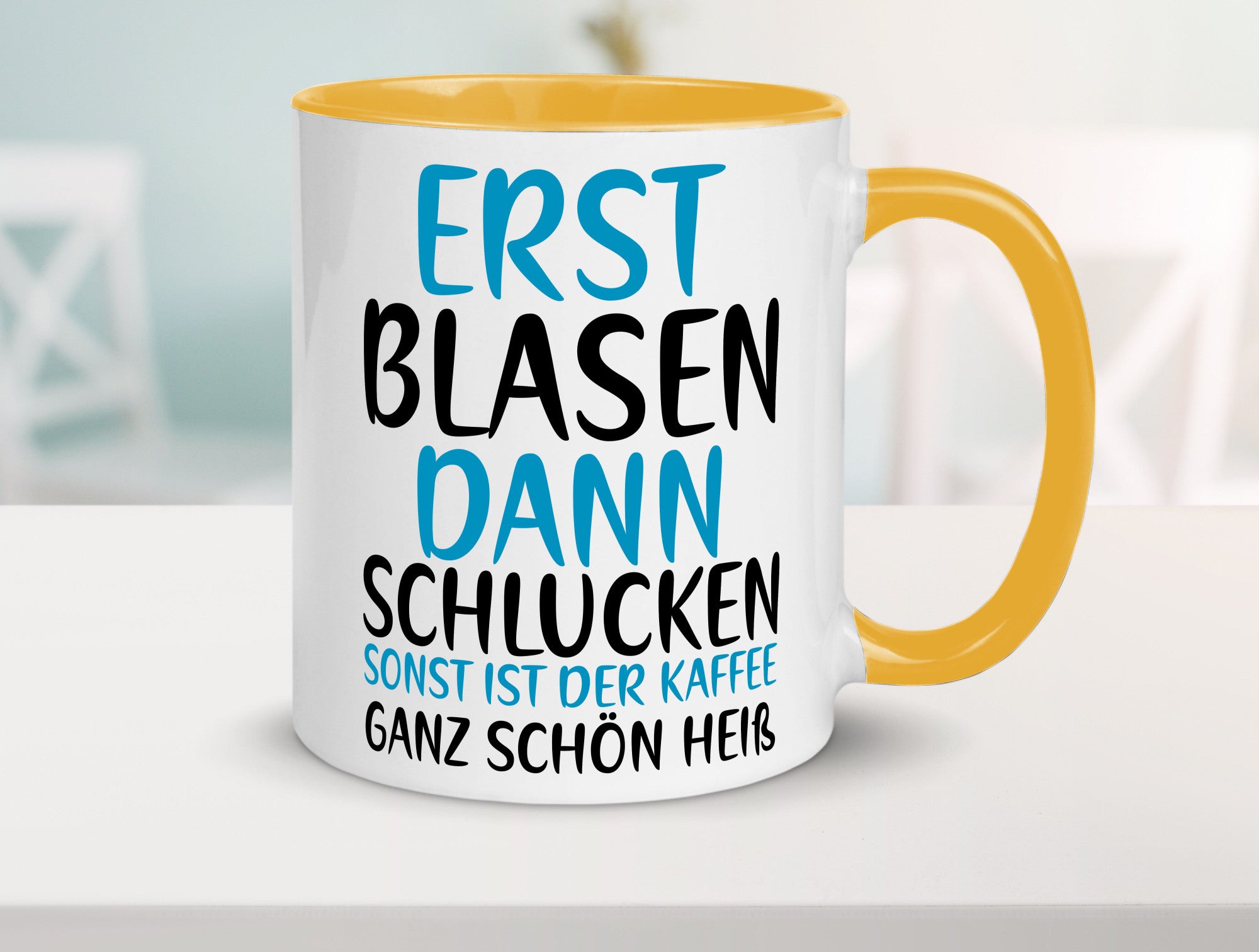 Erst Blasen dann Schlucken | kecker Spruch Lippenstift Geschenkidee Humor Tasse