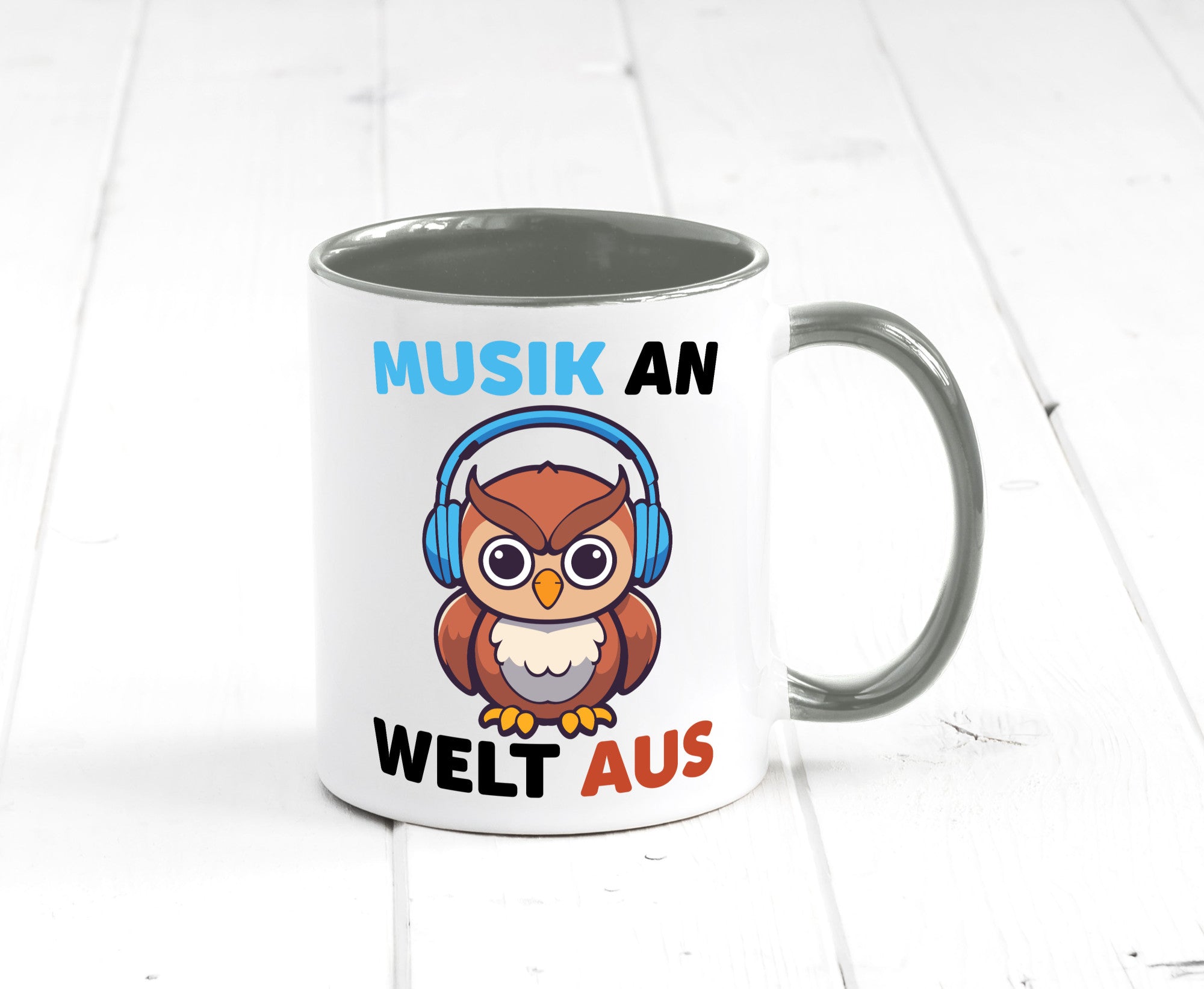 Musik an Welt aus | Eule hört lustiger Spruch Geschenk Humor Geschenkidee Tasse