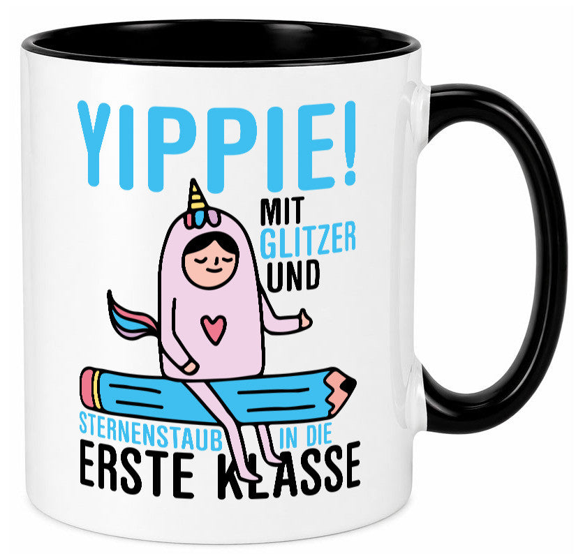 Mit Glitzer und Sternenstaub | Einschulung Einhorn lustiger Spruch Geschenk Tasse