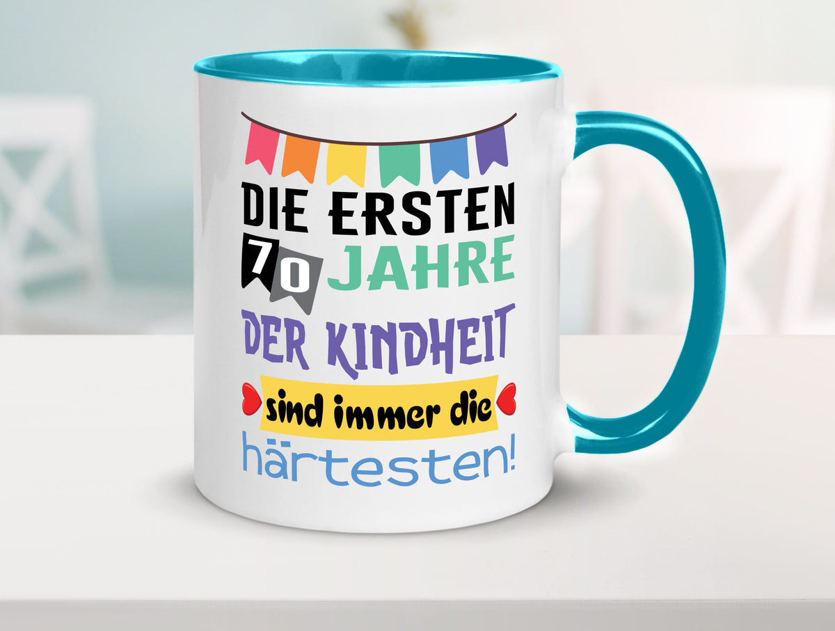 Die ersten 70 Jahre der Kindheit | 70. Geburtstag Rentner Humor Ruhestand Tasse