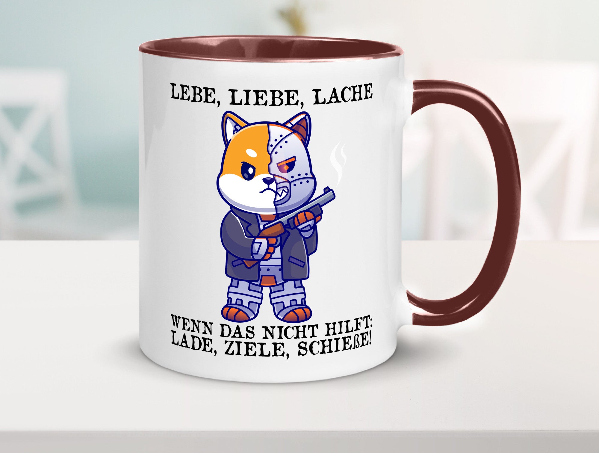 Lebe Liebe Lache | Sarkasmus Katze mit Gewehr Comic Geschenk Tierliebhaber
