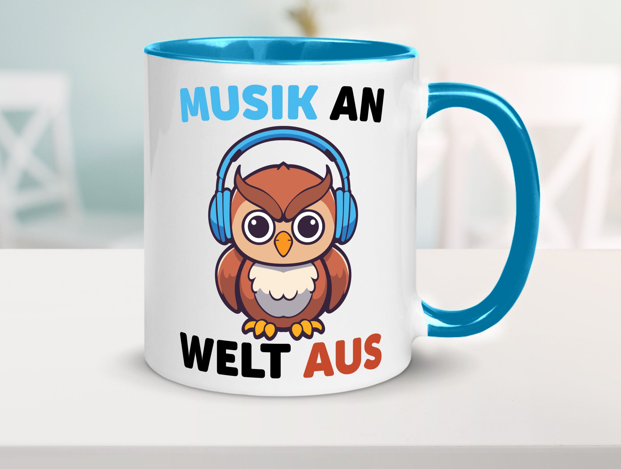 Musik an Welt aus | Eule hört lustiger Spruch Geschenk Humor Geschenkidee Tasse